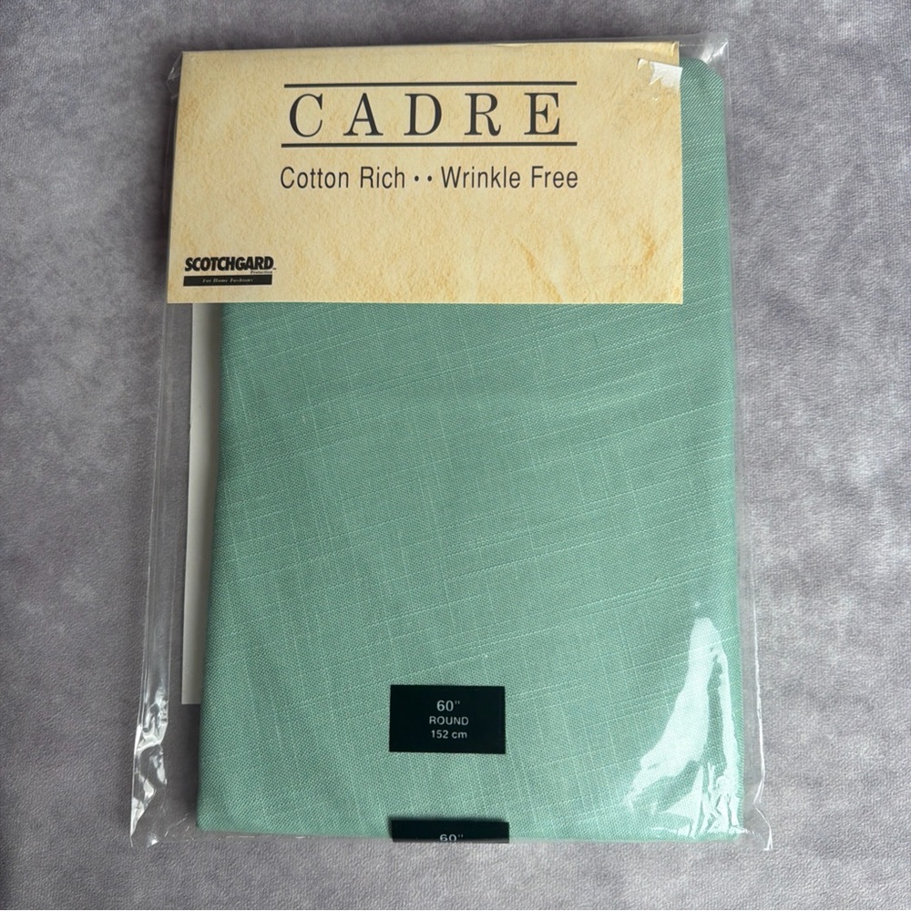NOS Cadre Sage Round Tablecloth 60” Cotton Rich Scotchgard Wrinkle Free